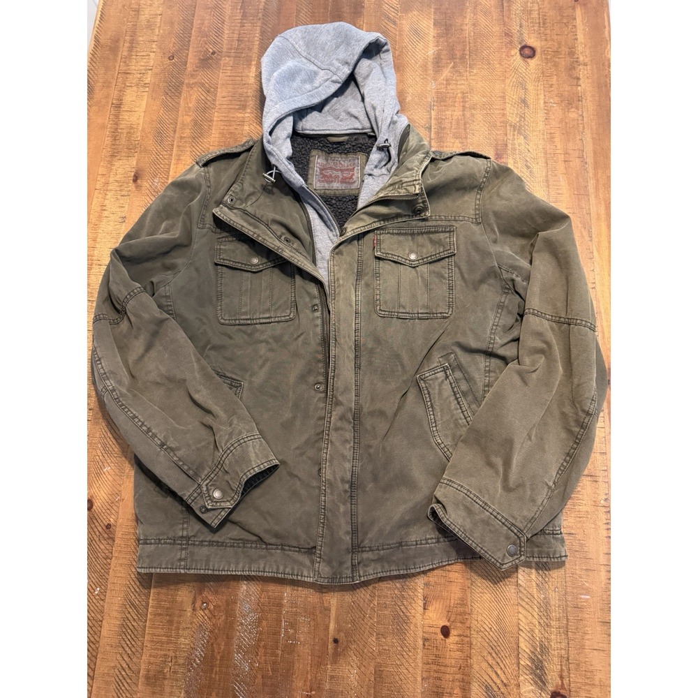 Levi's Olive Sherpa Lined Hooded Military Jacket Men's Size L Full Zip